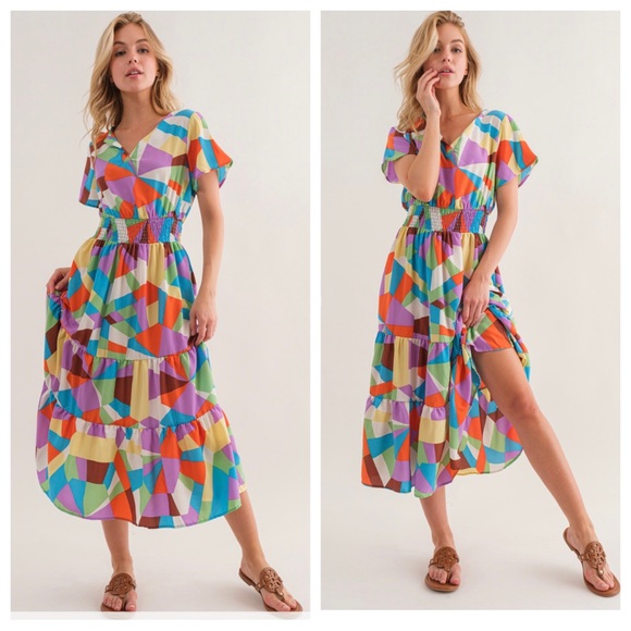 29 Boho Multi Color Tiered Woven Midi Dress - Picture 1 of 3
